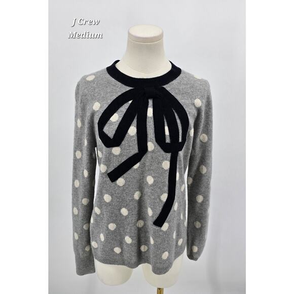 J.Crew 100% Cashmere Twee Whimsical Bow Tie Sweater Gray Polka Dot Size M - Picture 1 of 6